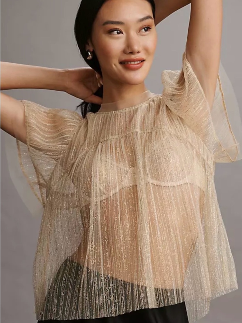 Anthropologie Sarah Hann Sheer Metallic Pleated Blouse in Champagne